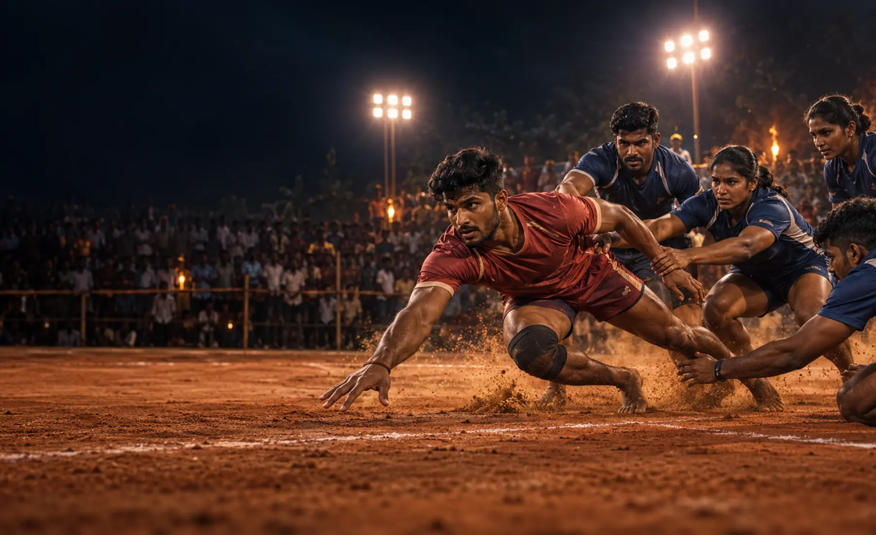 Indian Kabaddi athletes competing under arena floodlights at home